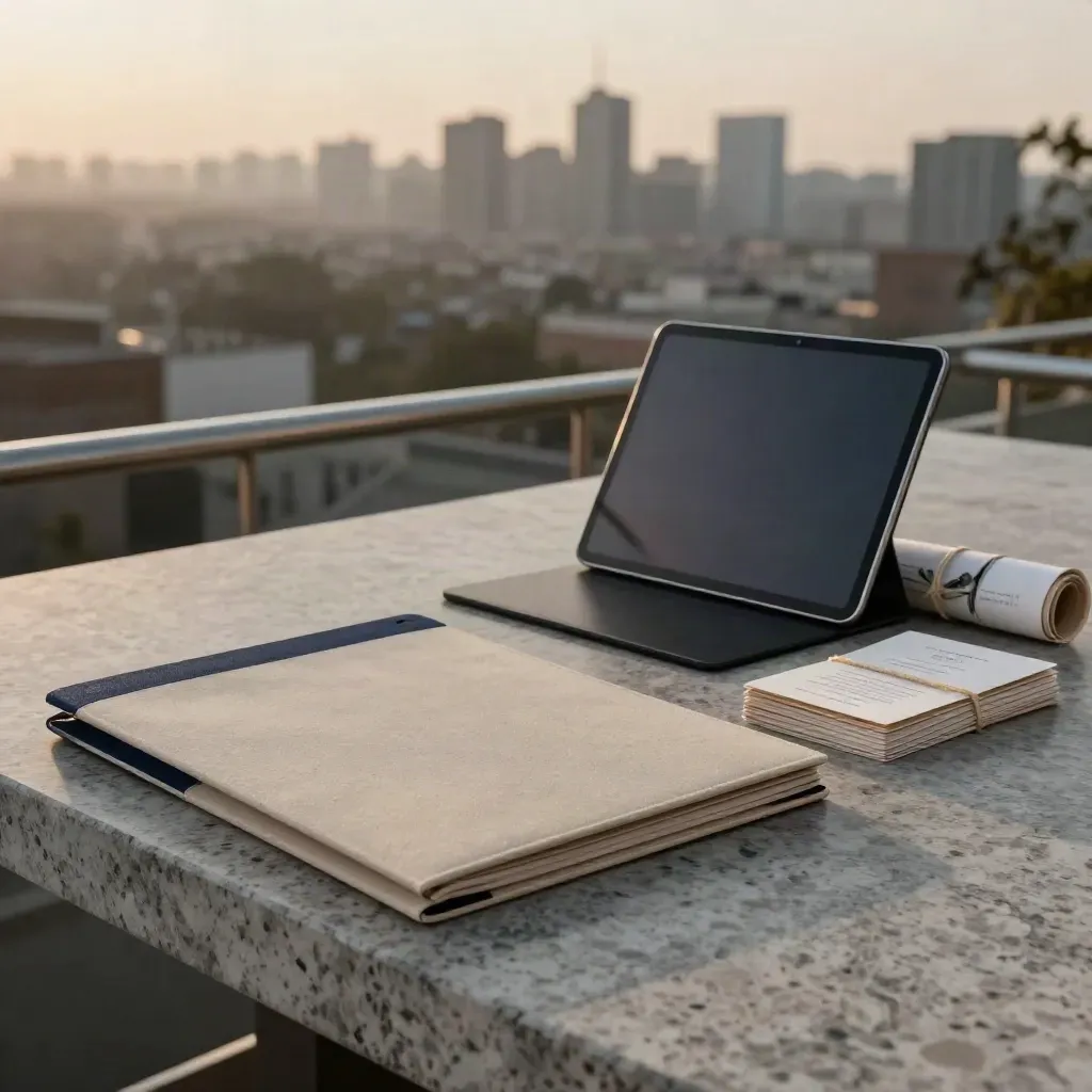 Kit lancio immobiliare su terrazza al tramonto con tablet, cartelle e card campione.