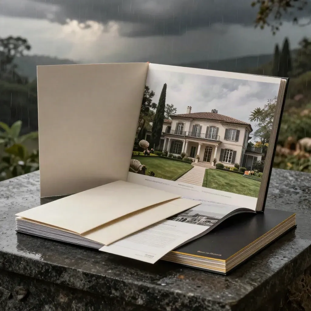 Kit immobiliare premium su plinto di pietra bagnata, con brochure e cartelle dopo il temporale.
