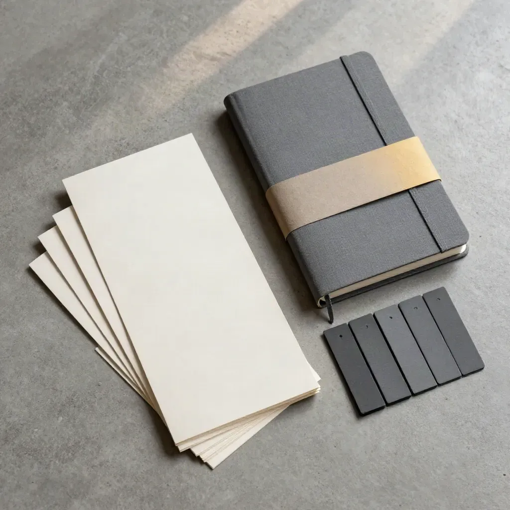 Kit SEO per schede casa con card, taccuino chiuso, fascia cartacea e tab grafico su cemento.