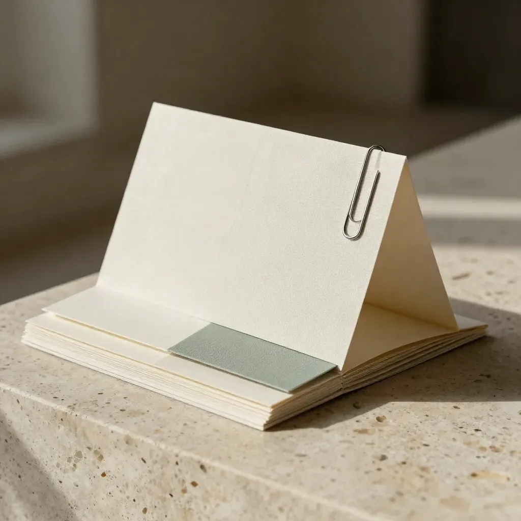 Brochure vendite su travertino con sleeve in lino, clip e campione tinta salvia, luce soffusa.