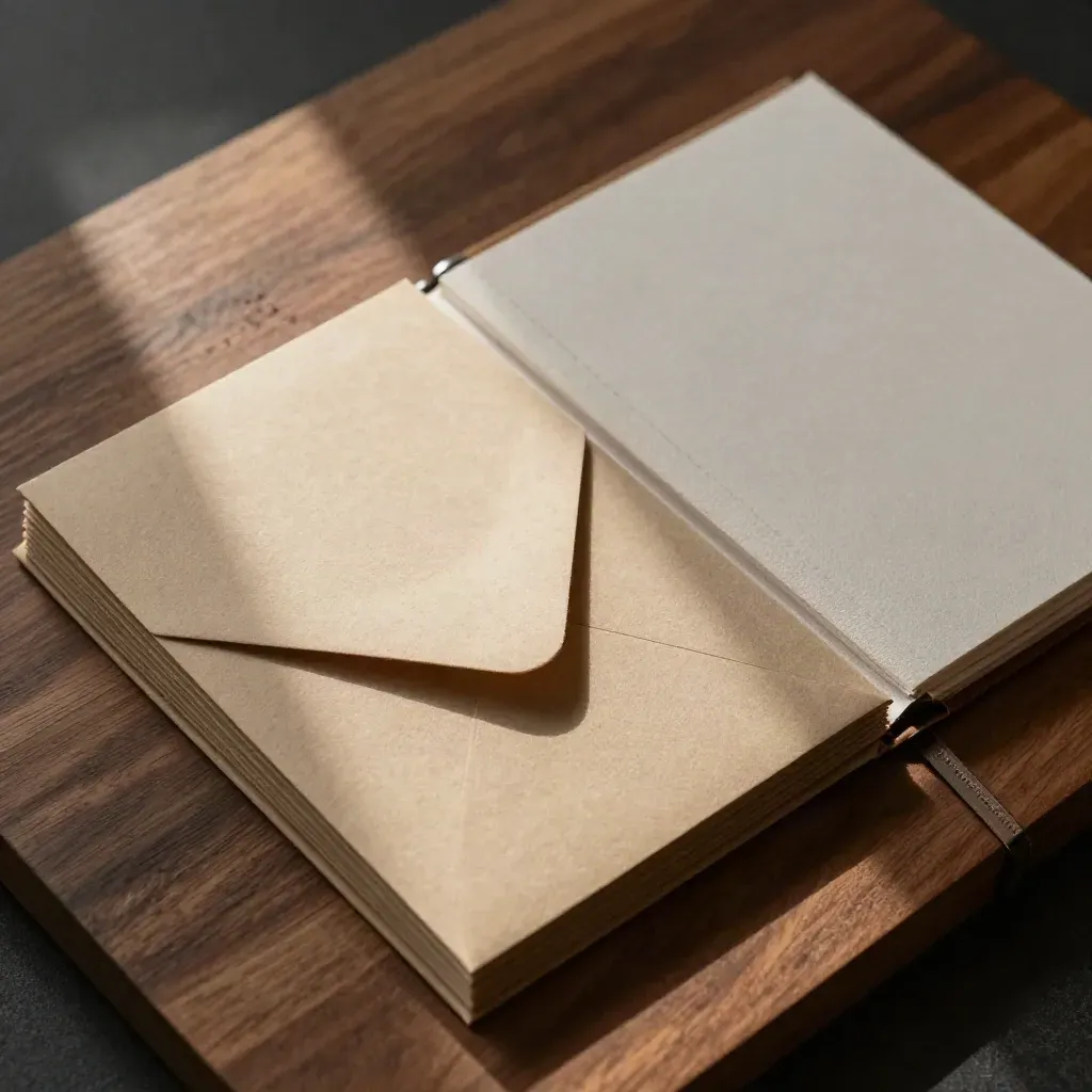 Set email nurturing con cartoncini piegati, busta sigillata e raccoglitore su fondo sabbia.