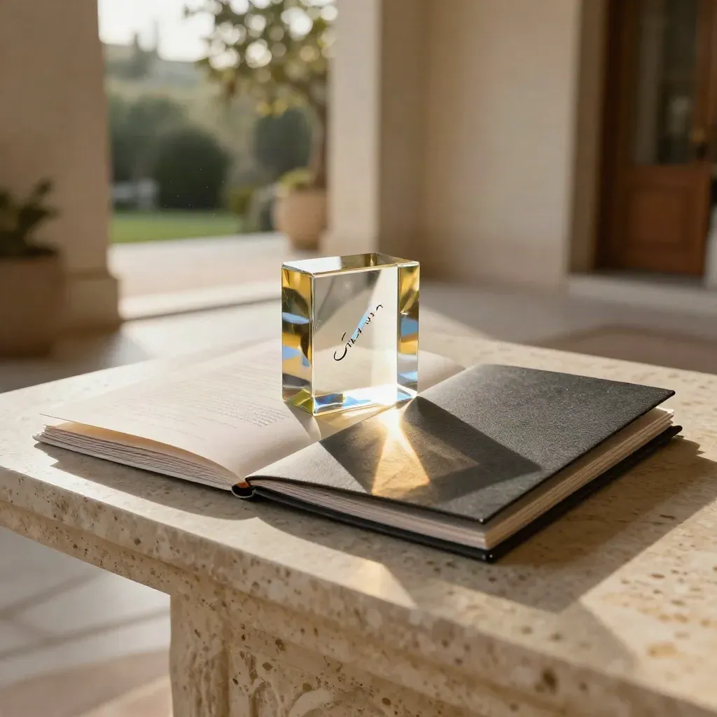 Campagna per villa con brochure, blocco acrilico e cartelle su travertino, luce dorata.