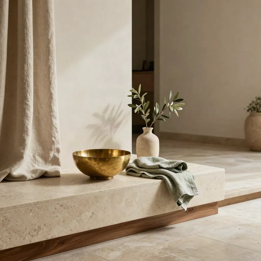 Interno elegante con mensola in travertino, tenda di lino e ciotola in ottone