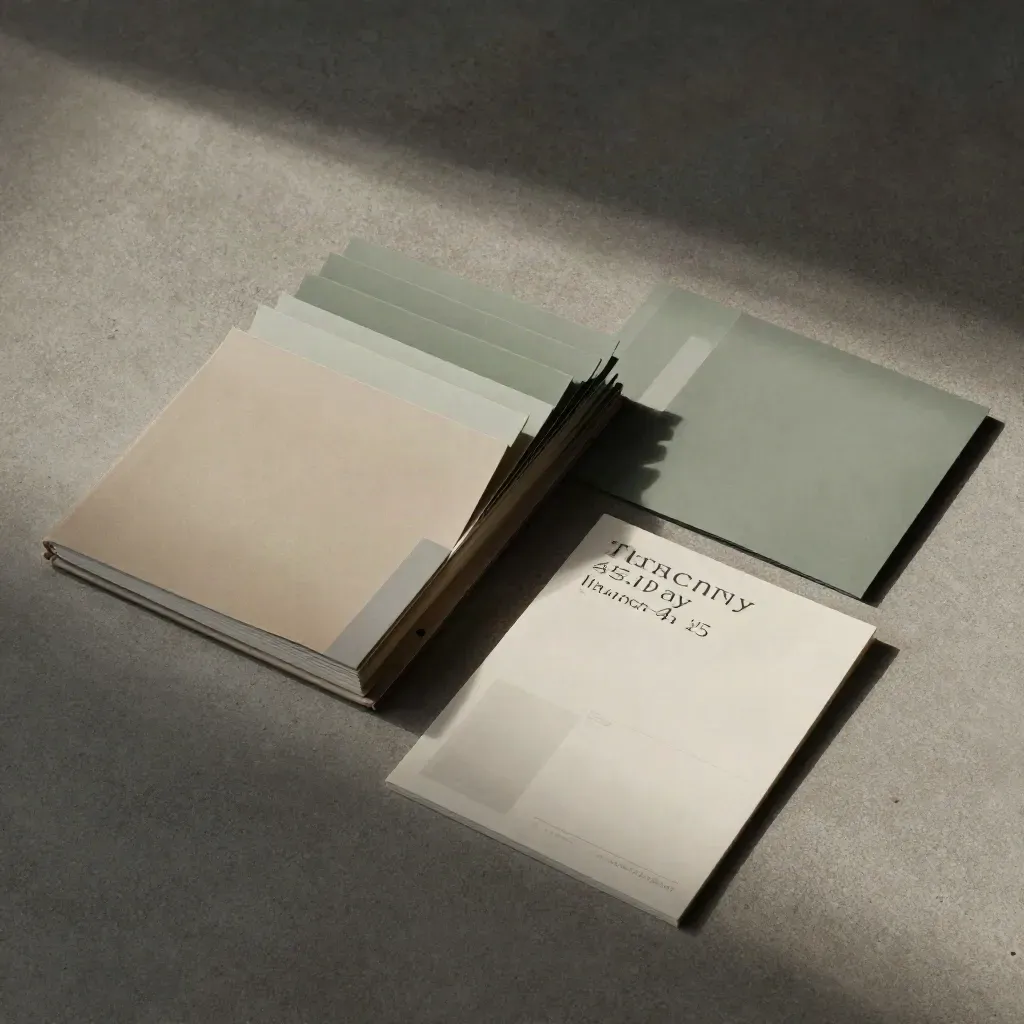 Kit di lancio Toscana con raccoglitore, tab sagomate e fogli piegati su cemento grigio.