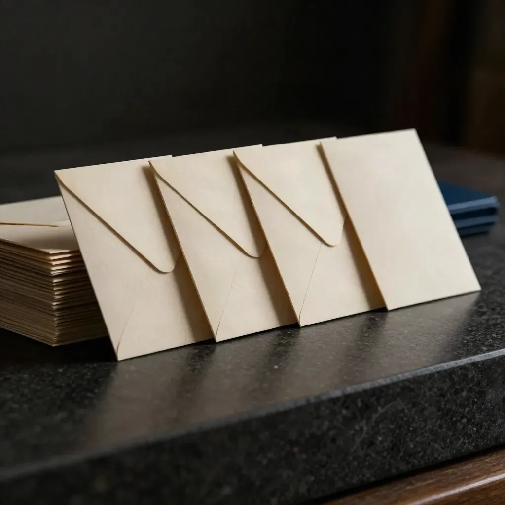 Quattro card email, busta sigillata e clip su plinto nero in luce drammatica.