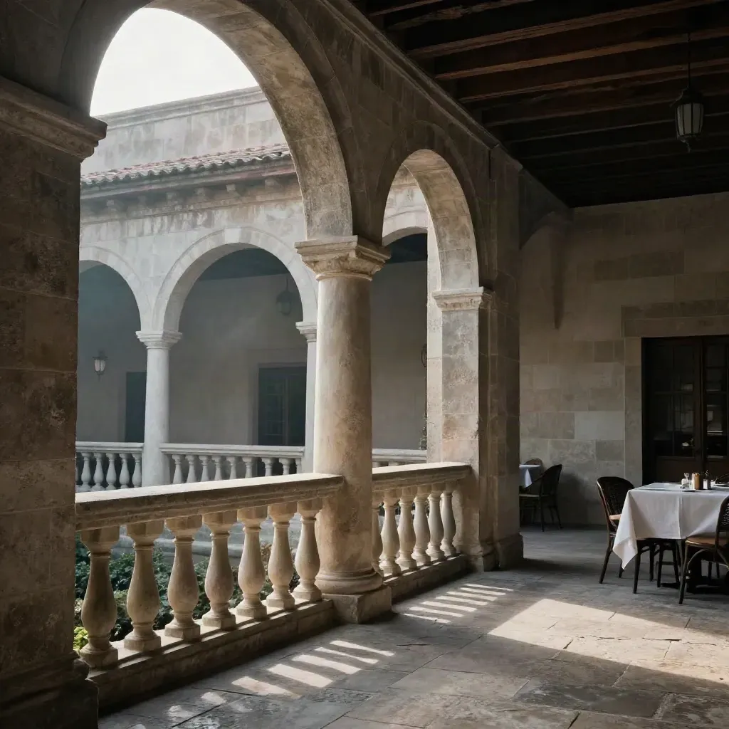 Loggia in pietra con arcate, terrazza vuota e ombre serali, atmosfera elegante