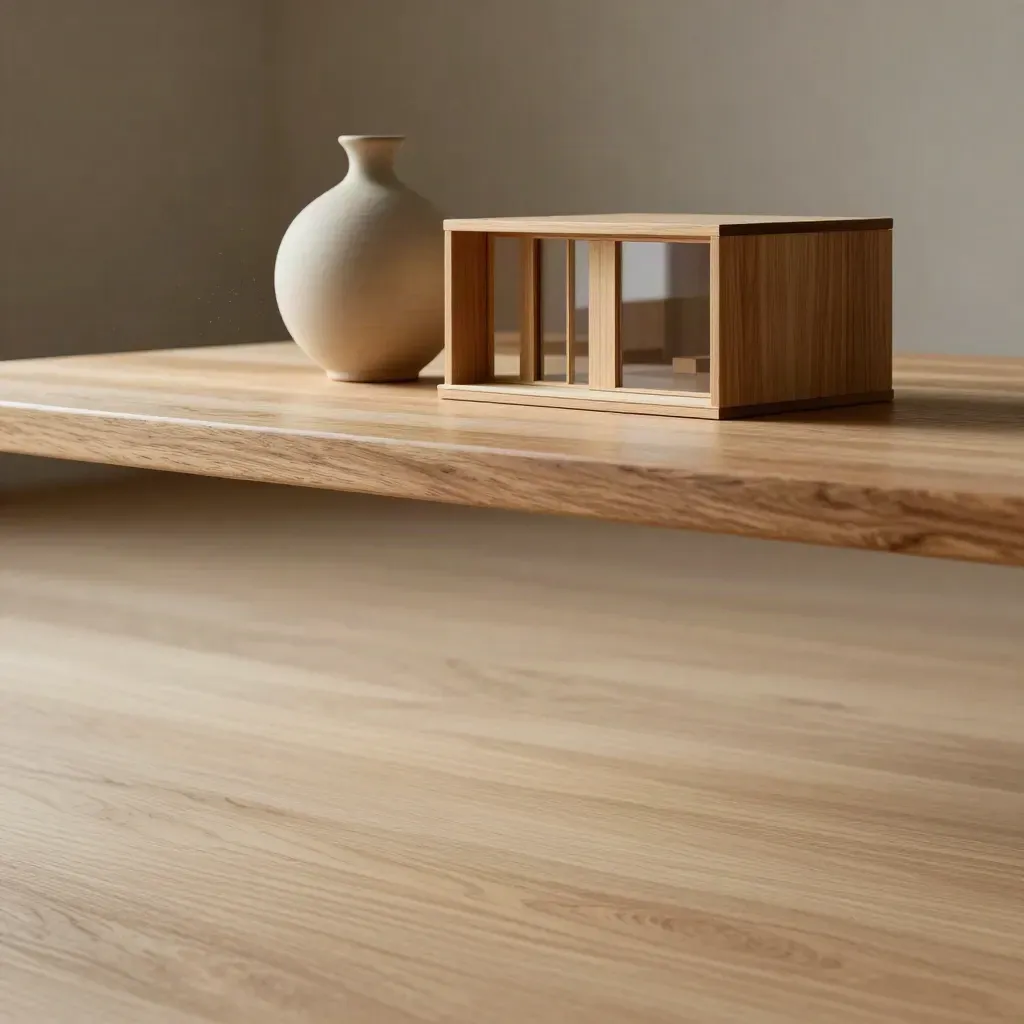 Modello di casa in legno chiaro con vaso ceramico e riflessi di finestra su fondo neutro.